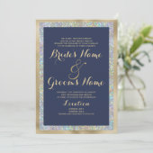 Marine blauw goud zilver holografische glitter bru kaart (Staand voorkant)