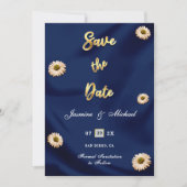 Marine Blauw Goud Zilver Ivoor Beige Bloemen Huwel Save The Date (Voorkant)