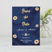 Marine Blauw Goud Zilver Ivoor Beige Bloemen Huwel Save The Date (Staand voorkant)