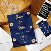 Marine Blauw Goud Zilver Ivoor Beige Bloemen Huwel Save The Date