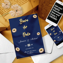 Marine Blauw Goud Zilver Ivoor Beige Bloemen Huwel Save The Date