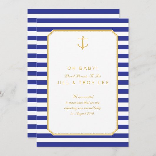 Marine blauw & goud zwangerschapsaankondiging aankondiging (Voorkant / Achterkant)