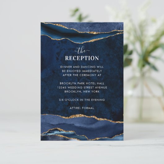 Marine Blauw Gouden Folie Agaat Geode Bruiloft Rec Informatiekaartje (Staand voorkant)