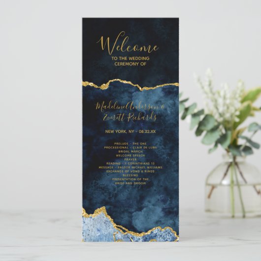 Marine Blauw Gouden Folie Agaat Huwelijksceremonie Programmakaart (Staand voorkant)