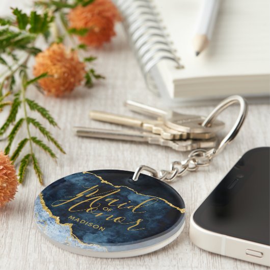 Marine Blauw & Gouden Folie Agaat Krans Maid of Ho Sleutelhanger (Voorkant Rechts)