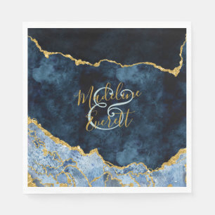 Marine Blauw Gouden Folie Agaat Marmer Bruiloft Mo Servet