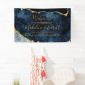 Marine Blauw Gouden Folie Agaat Marmer Bruiloft We Spandoek (Insitu)