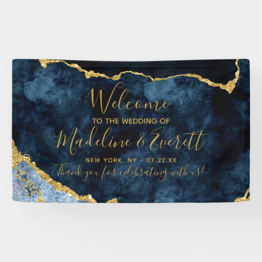 Marine Blauw Gouden Folie Agaat Marmer Bruiloft We Spandoek (Horizontaal)