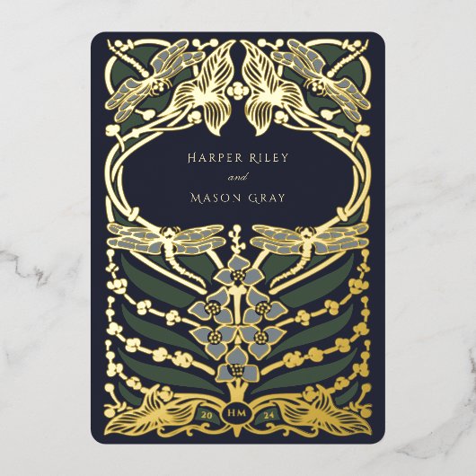 Marine Blauw Gouden Folie Art Nouveau Dragonfly Br Folie Uitnodiging (Voorkant)