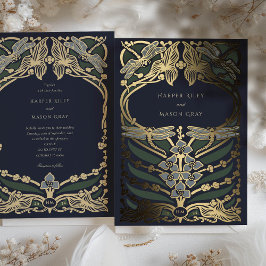 Marine Blauw Gouden Folie Art Nouveau Dragonfly Br Uitnodiging