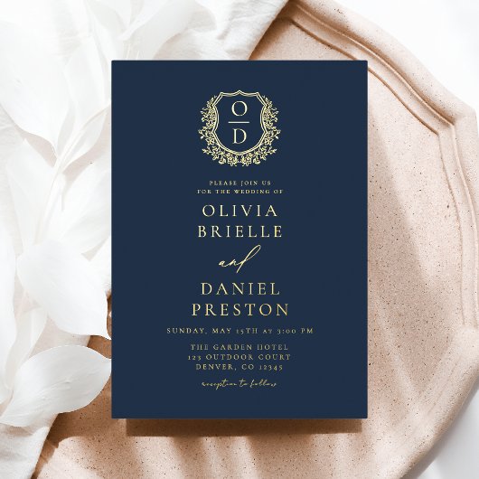 Marine Blauw Gouden Folie Crest Monogram Huwelijk Folie Uitnodiging