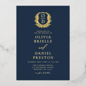 Marine Blauw Gouden Folie Crest Monogram Huwelijk Folie Uitnodiging (Voorkant)