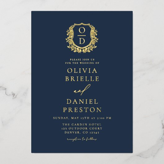 Marine Blauw Gouden Folie Crest Monogram Huwelijk Folie Uitnodiging (Voorkant)