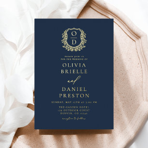 Marine Blauw Gouden Folie Crest Monogram Huwelijk Uitnodiging