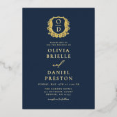 Marine Blauw Gouden Folie Crest Monogram Huwelijk Uitnodiging (Voorkant)