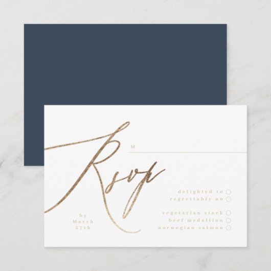 Marine Blauw & Gouden Folie Kalligrafie Bruiloft RSVP Kaartje (Voorkant / Achterkant)