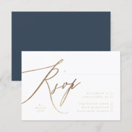 Marine Blauw & Gouden Folie Kalligrafie Bruiloft RSVP Kaartje