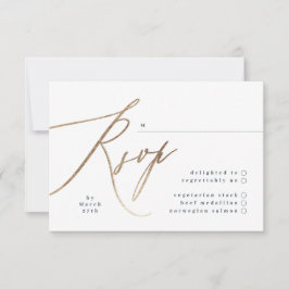 Marine Blauw & Gouden Folie Kalligrafie Bruiloft RSVP Kaartje