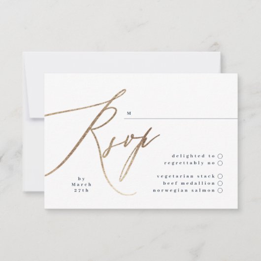 Marine Blauw & Gouden Folie Kalligrafie Bruiloft RSVP Kaartje (Voorkant)