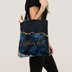 Marine Blauw & Gouden Folie Marmeren Agaat Aangepa Tote Bag