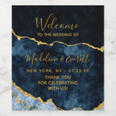 Marine Blauw Gouden Folie Marmeren Agaat Bruiloft  Wijn Etiket (Enkel label)