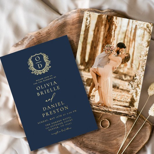 Marine Blauw Gouden Fotomonogram Huwelijk Folie Uitnodiging