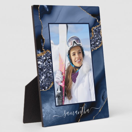 Marine Blauw Gouden Glitter Agaat Elegante Naam Fo Fotoplaat (Zijkant)