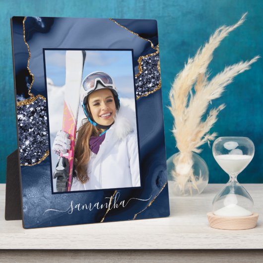 Marine Blauw Gouden Glitter Agaat Elegante Naam Fo Fotoplaat (Zijkant)