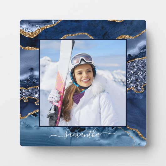 Marine Blauw Gouden Glitter Agaat Elegante Naam Fo Fotoplaat (Voorkant)