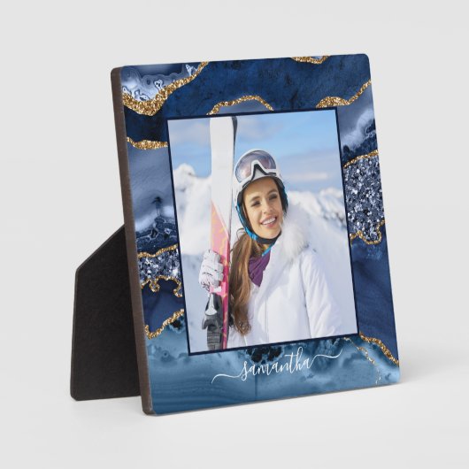Marine Blauw Gouden Glitter Agaat Elegante Naam Fo Fotoplaat (Voorkant)