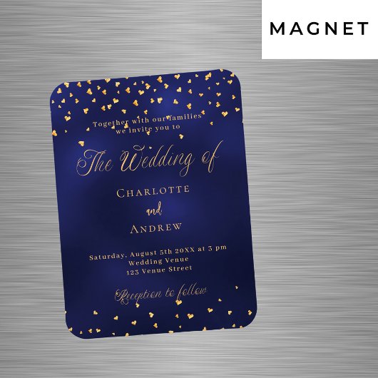 Marine blauw gouden harten luxe bruiloft uitnodigi magneet
