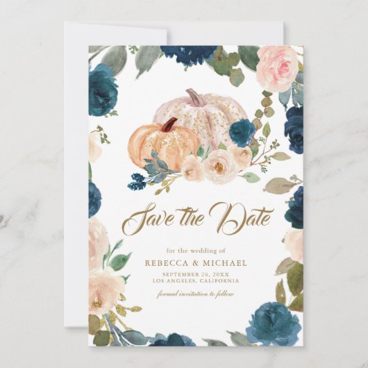 Marine Blauw Gouden Perzik Bloemen Pompoen Huwelij Save The Date (Voorkant)