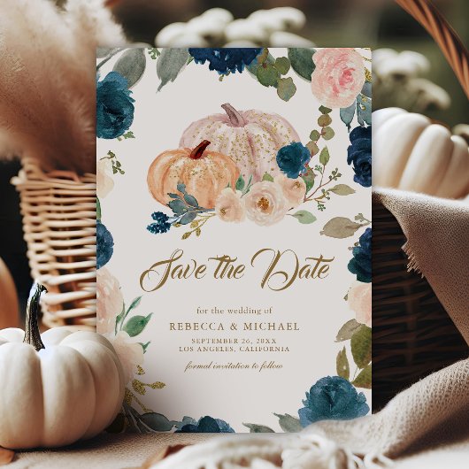 Marine Blauw Gouden Perzik Bloemen Pompoen Huwelij Save The Date