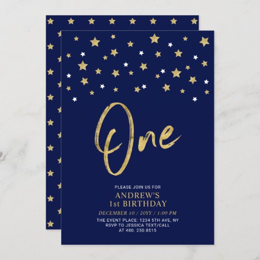 Marine Blauw & Gouden Ster | Een 1e verjaardagsfee Kaart (Voorkant / Achterkant)