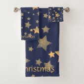Marine Blauw Gouden Sterpatroon Elegante Kerstmis Bad Handdoek (Insitu)