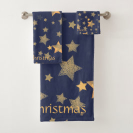 Marine Blauw Gouden Sterpatroon Elegante Kerstmis Bad Handdoek