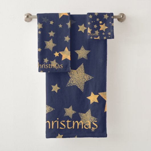 Marine Blauw Gouden Sterpatroon Elegante Kerstmis Bad Handdoek (Insitu)