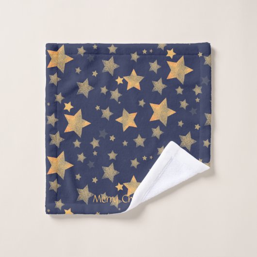 Marine Blauw Gouden Sterpatroon Elegante Kerstmis Bad Handdoek (Wasdoekje)