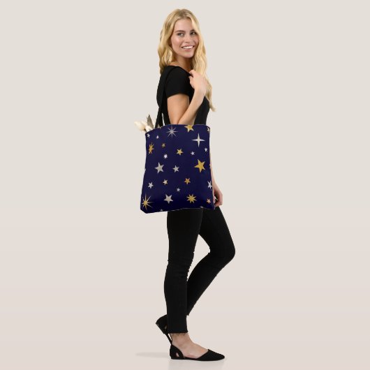 Marine Blauw Gouden Sterpatroon Tote Bag (Op model)