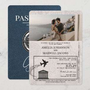 Marine Blauw Griekenland Paspoort Huwelijksuitnodi Kaart