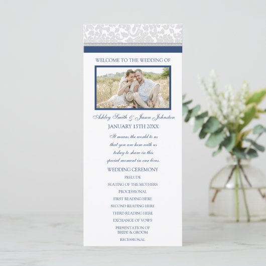 Marine Blauw Grijs Damast Foto Trouwprogramma Programmakaart (Staand voorkant)