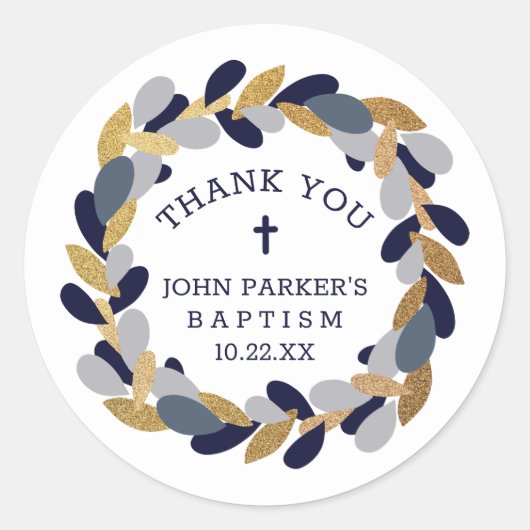 Marine Blauw Grijs gouden krans doop dank u Ronde Sticker (Voorkant)