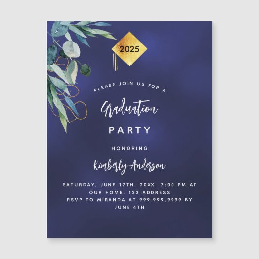 Marine blauw groen luxe afstudeerfeest 2025 magnetische uitnodiging (Voorkant)