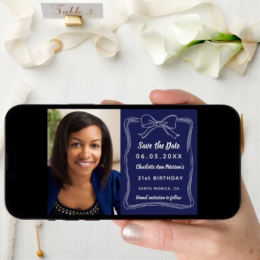 Marine blauw hand-getekende boog foto verjaardag save the date