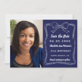 Marine blauw hand-getekende boog foto verjaardag save the date (Voorkant)