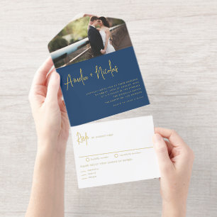 Marine Blauw Handschrift Typografie Fotobruiloft All In One Uitnodiging