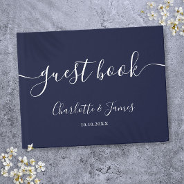 Marine Blauw Handtekening Script Bruiloft Gastenboek