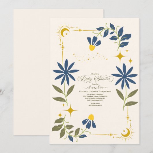  marine blauw hemelse botanische Baby shower Kaart (Voorkant / Achterkant)