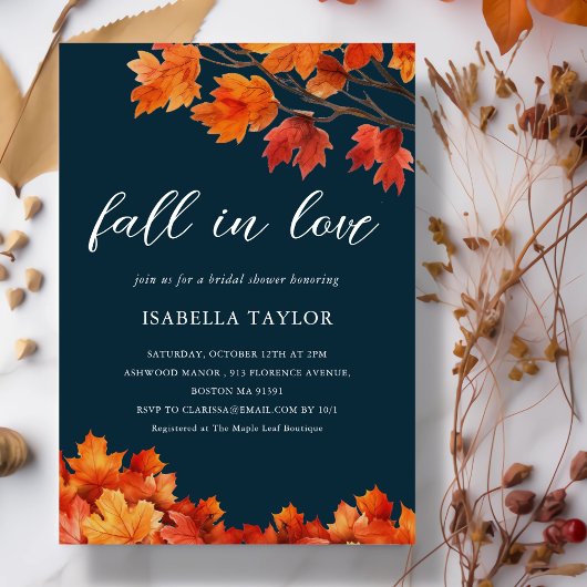 Marine Blauw | Herfst in Love Bruidsdouche Uitnodi Kaart
