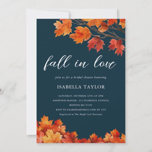 Marine Blauw | Herfst in Love Bruidsdouche Uitnodi Kaart (Voorkant)